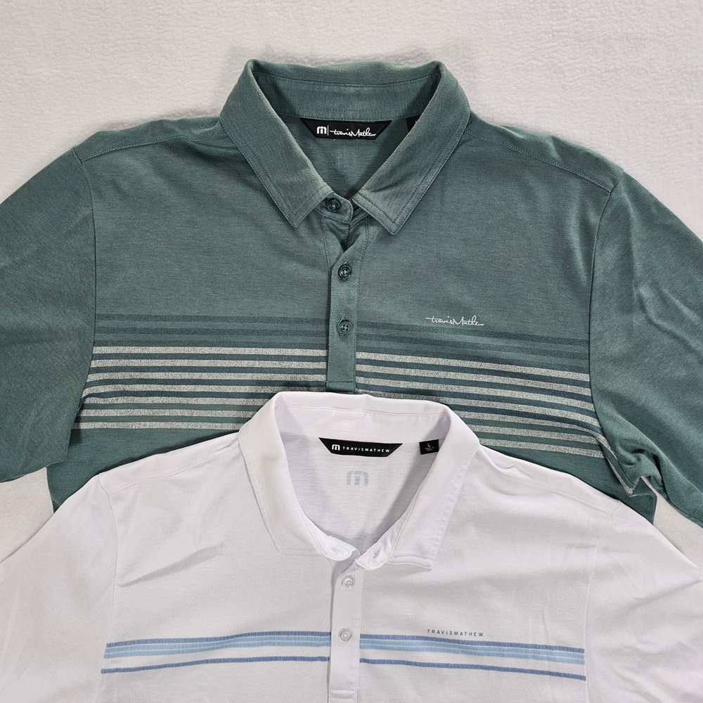 TravisMathew Mens Polo Shirts Lot of 2 Green White Striped Golf 1MAA051 Large